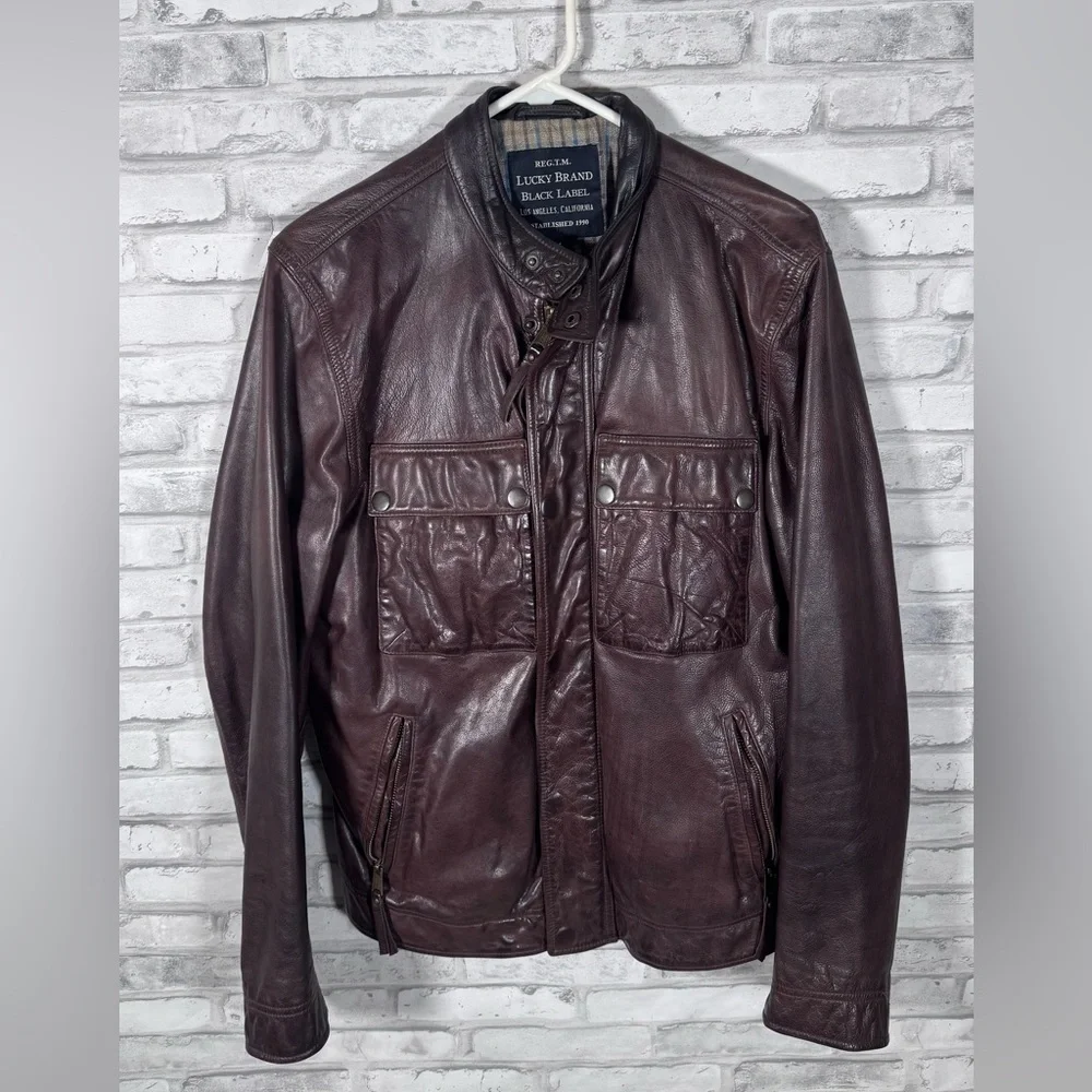 Lucky Brand Men's Brown Leather Zip Up Bomber Jacket